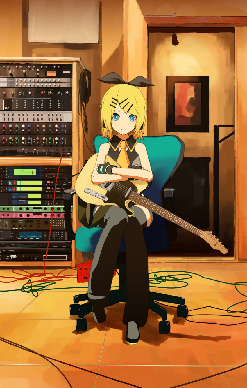 1girl absurdres amplifier_(instrument) bangs bare_shoulders black_bow black_gloves black_legwear black_star_(module) blonde_hair blue_eyes bow cable chair commentary crossed_arms d_futagosaikyou electric_guitar fingerless_gloves full_body gloves guitar hair_bow hair_ornament hairclip highres holding holding_instrument indoors instrument kagamine_rin light_smile looking_at_viewer office_chair painting_(object) project_diva_(series) recording_studio shirt short_hair sitting sleeveless sleeveless_shirt smile solo swept_bangs telecaster thighhighs vocaloid yellow_neckwear