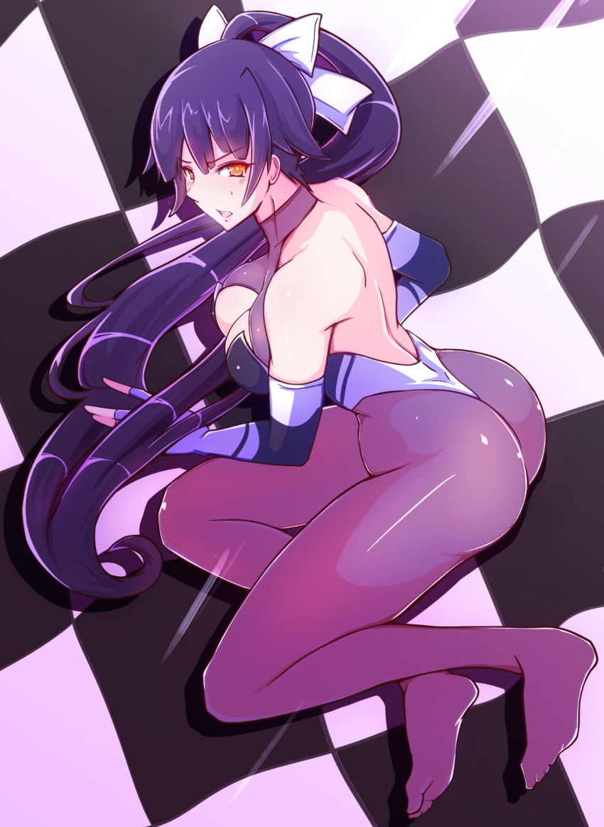 1girl ass azur_lane black_hair black_legwear bodystocking bow brown_eyes checkered checkered_background commentary_request full_body gel_(guyver123) hair_flaps highres long_hair lying multicolored_leotard on_side one-piece_thong pantyhose ponytail race_queen solo takao_(azur_lane) takao_(full_throttle_charmer)_(azur_lane) two-tone_leotard white_bow