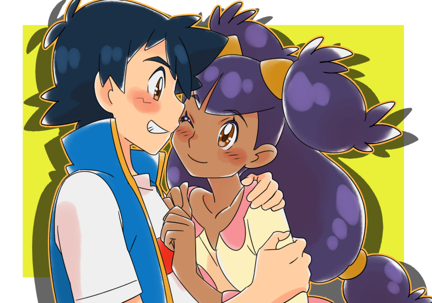 1boy 1girl amada ash_ketchum ash_ketchum_(cosplay) black_hair blush brown_eyes cosplay dark_skin dark_skinned_female iris_(pokemon) long_hair pokemon pokemon_(anime) pokemon_swsh_(anime) purple_hair smile