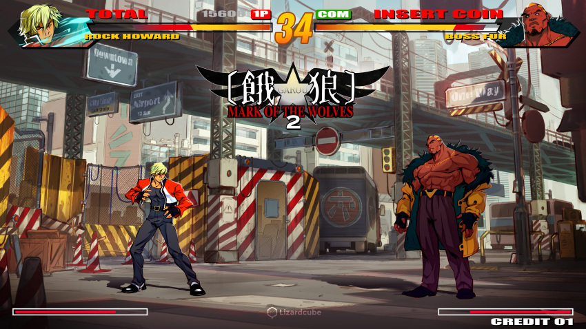 2boys absurdres belt ben_fiquet black_sclera blonde_hair chain chain_necklace character_name collaboration colored_sclera commentary concept_art dark_skin dark_skinned_male english_commentary facial_hair fake_screenshot fatal_fury fighting_game fingerless_gloves fur-trimmed_jacket fur_trim gloves goatee gold_chain health_bar height_difference highres jacket julian_nguyen-you lizardcube making-of_available mark_of_the_wolves multiple_boys muscular no_pupils open_clothes open_jacket red_eyes red_jacket rock_howard short_hair thick_eyebrows veins what_if white_eyes yellow_jacket