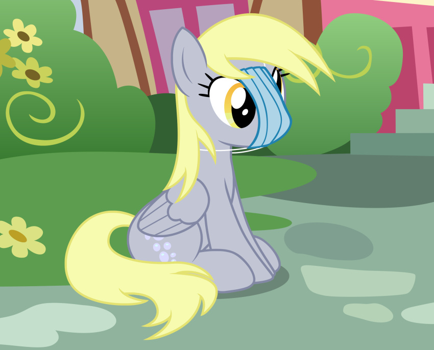 amber_eyes badumsquish blonde_hair cutie_mark derp_eyes derpy_hooves_(mlp) equid equine facemask female friendship_is_magic hair hasbro hi_res mammal mask my_little_pony pegasus sitting solo wings