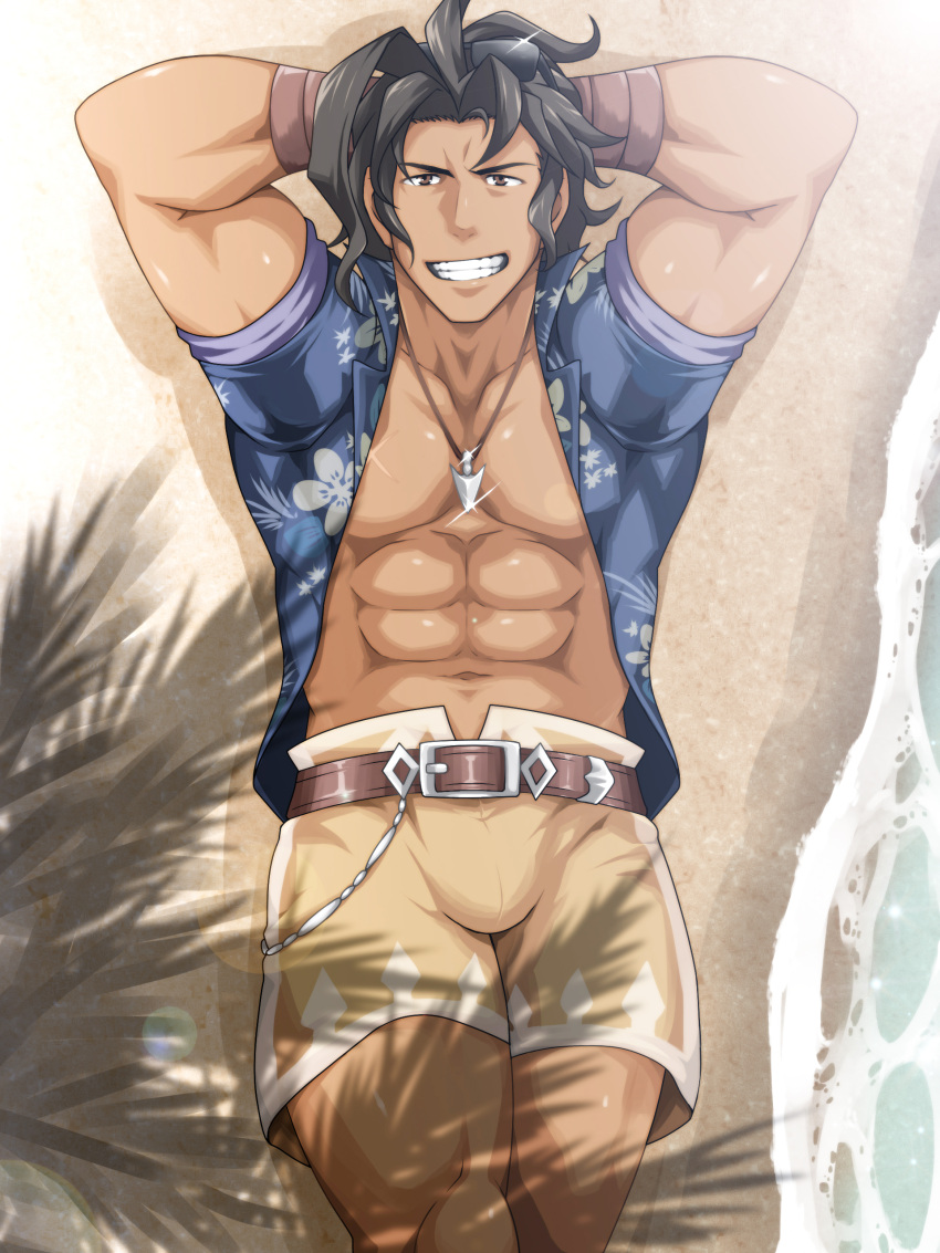 1boy abs absurdres arms_behind_head bara bare_pecs beach black_hair dark_skin dark_skinned_male dragalia_lost highres jewelry legs_together looking_at_viewer lying male_focus muscular muscular_male navel necklace nipples nura on_back open_clothes open_shirt pectorals ranzal sand short_hair shorts smile solo stomach thick_thighs thighs yellow_shorts