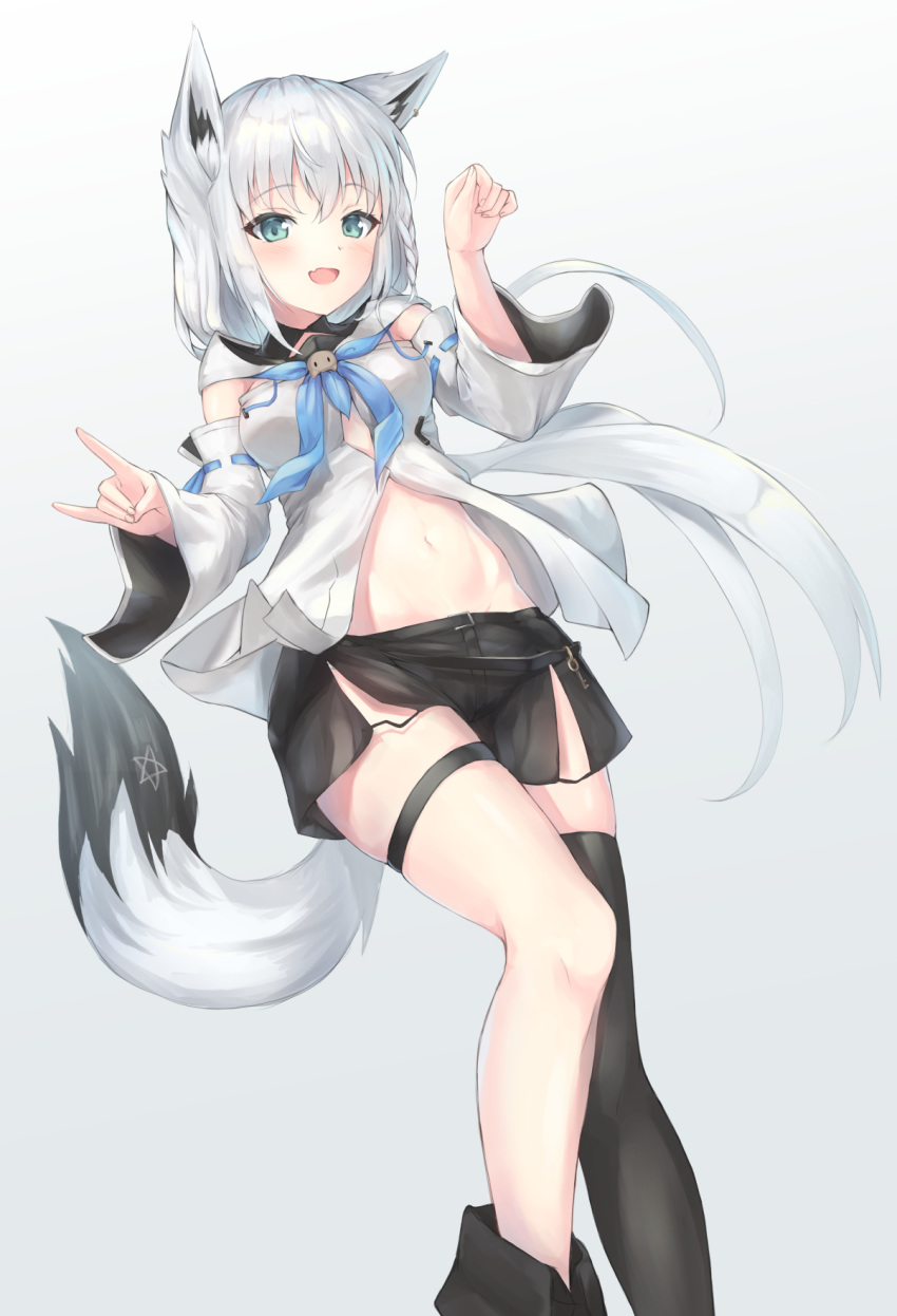 1girl :d animal_ears bangs black_legwear blush breasts detached_sleeves eyebrows_visible_through_hair fang green_eyes hands_up highres hololive key long_hair navel open_mouth parufeito shirakami_fubuki short_shorts shorts sidelocks simple_background single_thighhigh skin_fang small_breasts smile solo star_(symbol) tail thigh_strap thighhighs thighs virtual_youtuber white_background white_hair white_tail