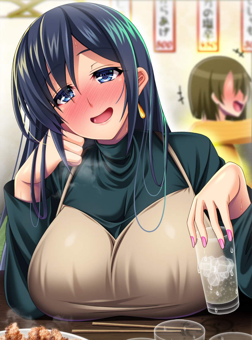 2girls alternate_hairstyle beige_dress black_hair blue_eyes blurry blush breast_rest breasts chopsticks commentary_request depth_of_field drunk earrings food glass green_sweater hair_down highres hiryuu_(kantai_collection) ice ice_cube jewelry kantai_collection large_breasts looking_at_viewer mirisha multiple_girls nose_blush official_alternate_costume open_mouth solo_focus souryuu_(kantai_collection) sweater turtleneck upper_body