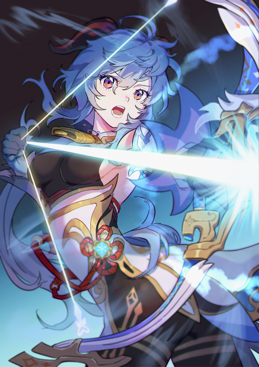 1girl absurdres aiming arrow_(projectile) bell blue_hair bow_(weapon) breasts cowbell crossbow detached_sleeves ganyu_(genshin_impact) genshin_impact highres holding holding_weapon honlo horns open_mouth purple_eyes sideboob weapon