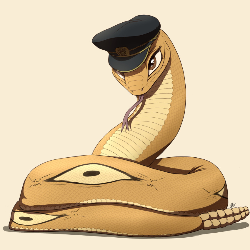 1:1 2021 absurd_res ambiguous_gender beastars clothing feral forked_tongue hat headgear headwear hi_res looking_at_viewer louart reptile rokume_(beastars) scalie signature simple_background snake solo tongue tongue_out