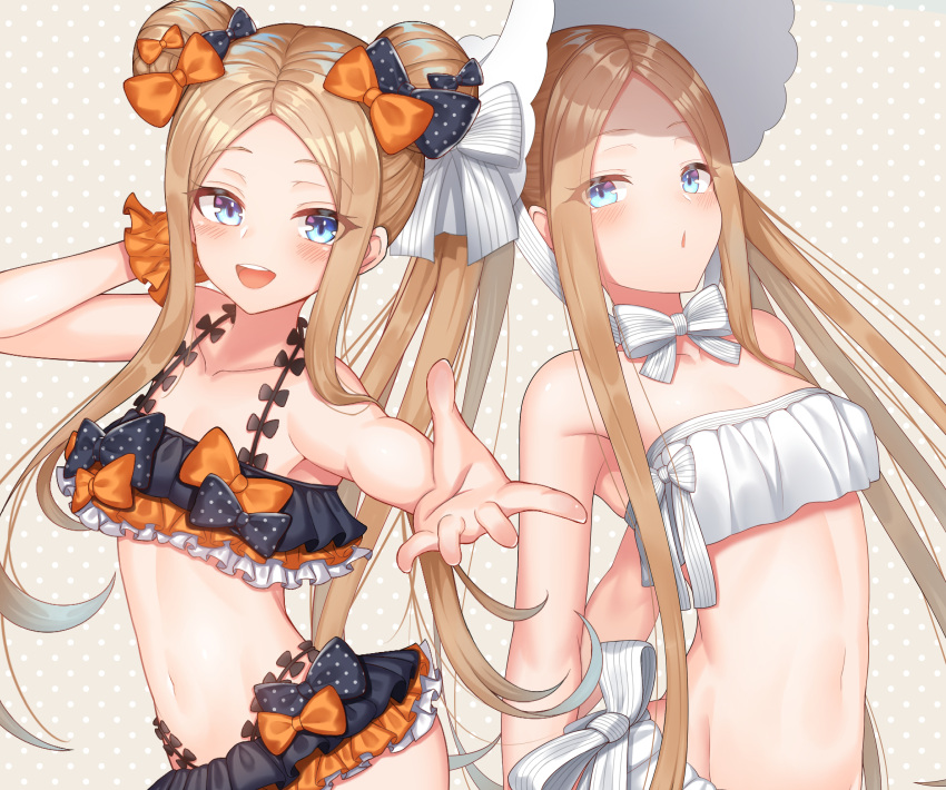 2girls abigail_williams_(fate/grand_order) abigail_williams_(swimsuit_foreigner)_(fate) absurdres bangs bare_shoulders bikini black_bikini black_bow black_skirt blonde_hair blue_eyes blush bonnet bow breasts collarbone double_bun dual_persona emerald_float fate/grand_order fate_(series) forehead frilled_bikini frills hair_bow highres komainu_(yamaha1997) long_hair looking_at_viewer microskirt miniskirt multiple_bows multiple_girls navel orange_bow parted_bangs polka_dot polka_dot_bow sidelocks skirt small_breasts swimsuit twintails very_long_hair white_bikini white_bow white_headwear