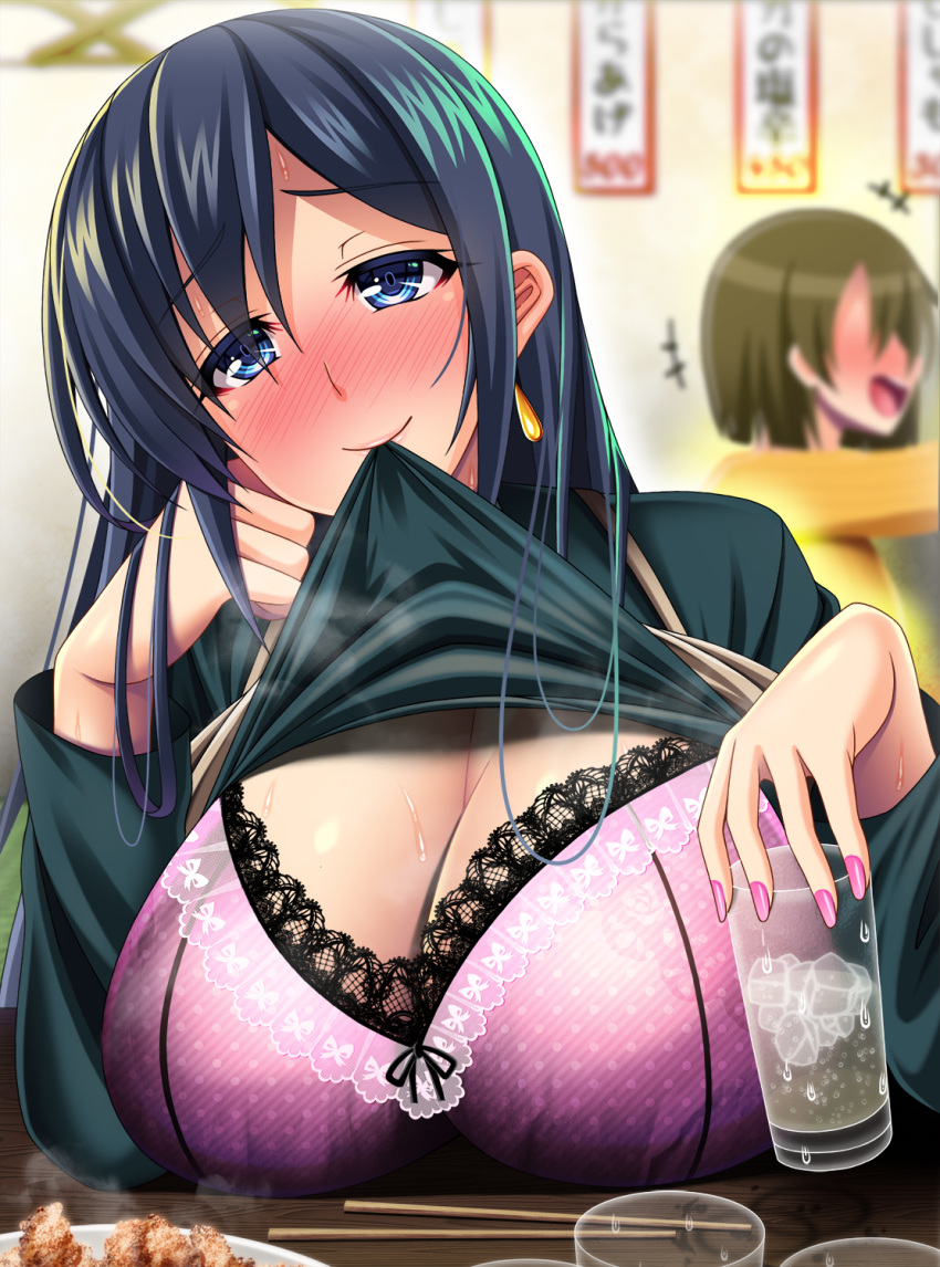 2girls alternate_hairstyle beige_dress black_hair blue_eyes blurry blush bra breast_rest breasts chopsticks clothes_lift commentary_request depth_of_field drunk earrings food glass green_sweater hair_down highres hiryuu_(kantai_collection) ice ice_cube jewelry kantai_collection large_breasts looking_at_viewer mirisha mouth_hold multiple_girls nose_blush official_alternate_costume open_mouth purple_bra solo_focus souryuu_(kantai_collection) sweater sweater_lift turtleneck underwear upper_body