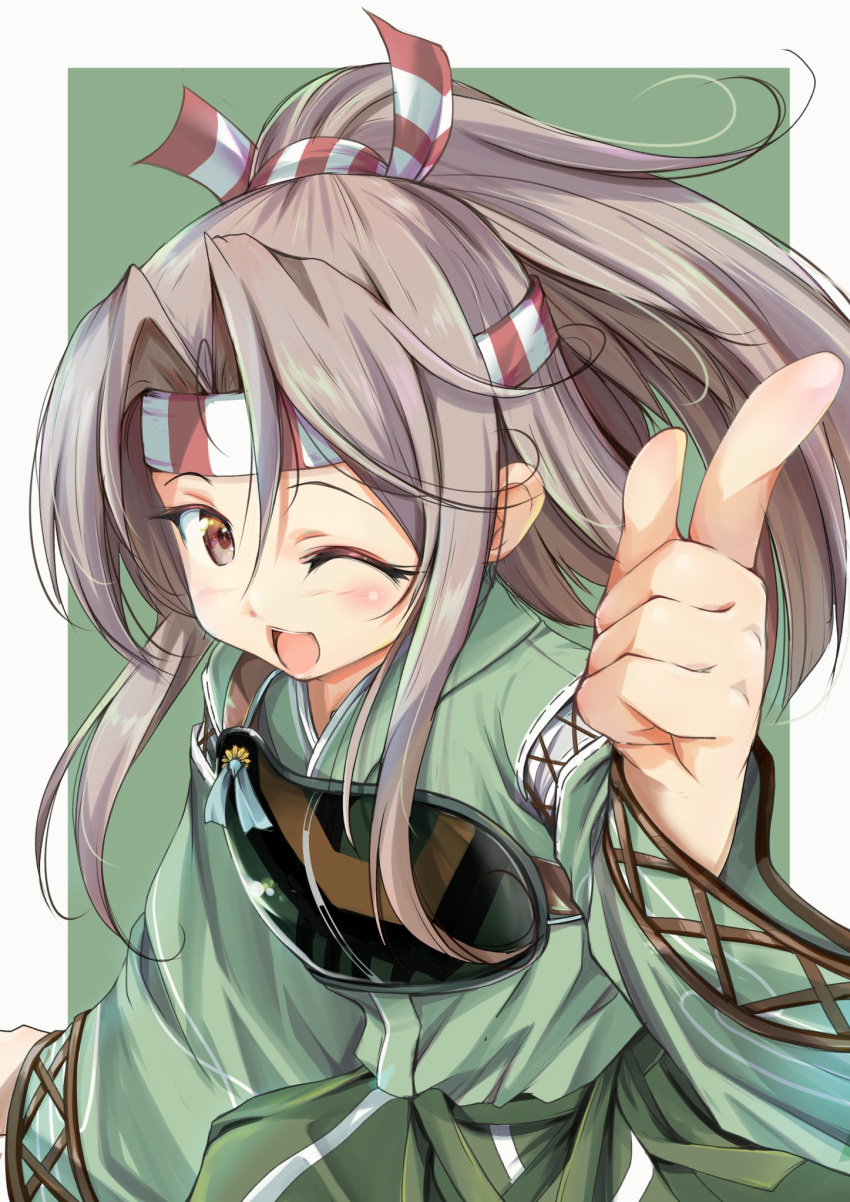 1girl commentary_request cowboy_shot green_hakama grey_hair hachimaki hakama hakama_pants headband high_ponytail highres index_finger_raised japanese_clothes kantai_collection long_hair looking_at_viewer muneate one_eye_closed ponytail solo yashin_(yasinz) zuihou_(kantai_collection)