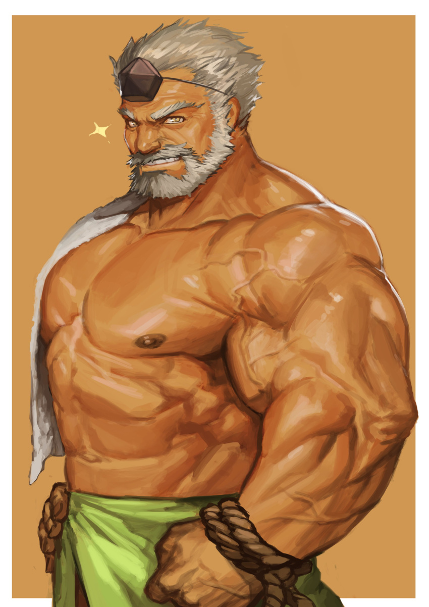 1boy absurdres bara beard brown_background brown_eyes clenched_hand facial_hair hand_on_hip highres hogen_(tokyo_houkago_summoners) horns looking_at_viewer male_focus muscular muscular_male mustache nipples shirtless simple_background single_horn smile solo sparkle standing tokyo_houkago_summoners towel_on_one_shoulder traver009 veins white_hair