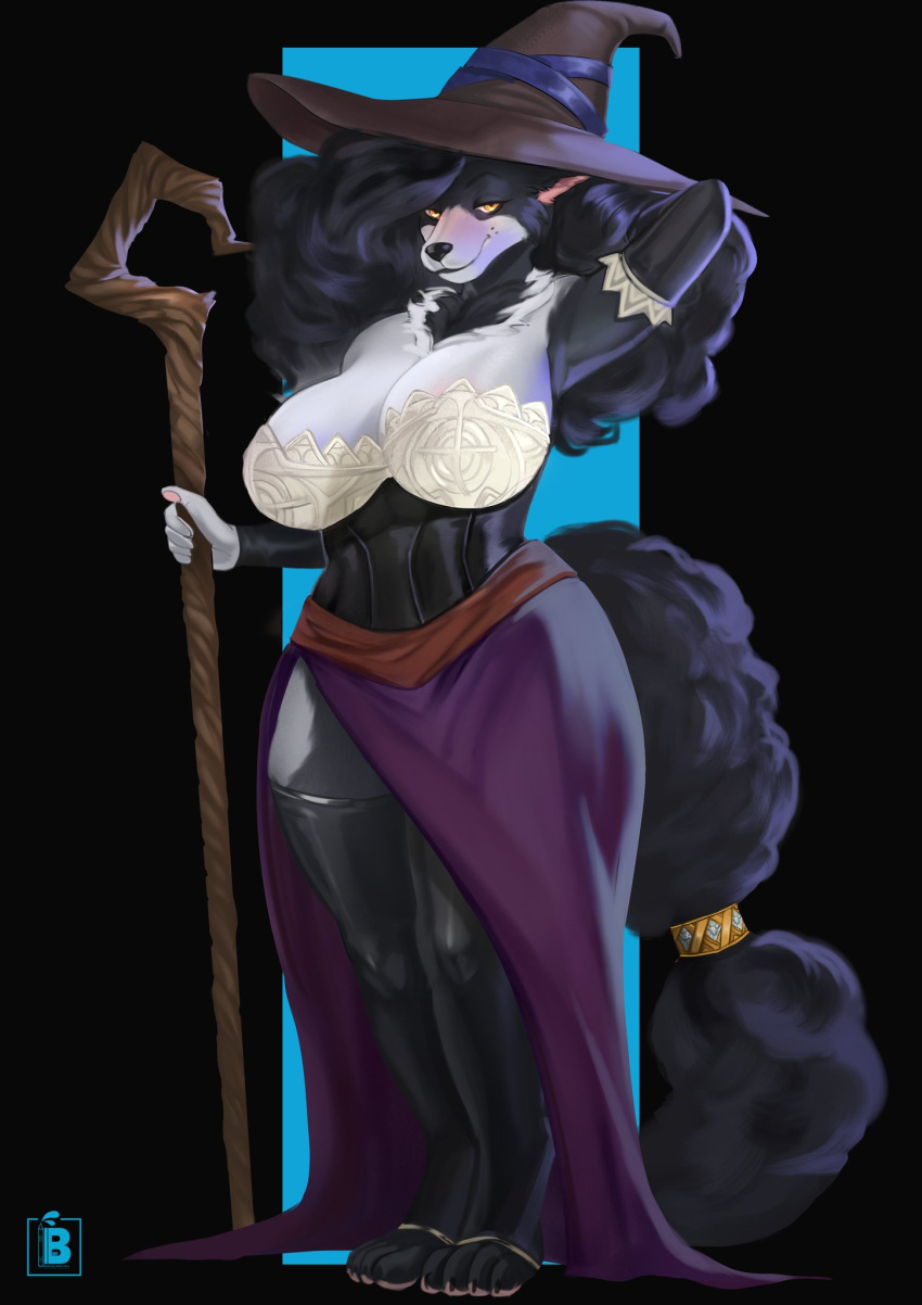 accessory anthro big_breasts breasts bremonqueen_(artist) canid canine canis chest_tuft cleavage clothed clothing corset curvy_figure dress female fluffy fluffy_hair fluffy_tail furgonomics hair hat headgear headwear hi_res huge_breasts legwear lingerie long_hair looking_at_viewer mammal paws sia_(ebonycrowned) smile smirk solo staff tail_accessory thick_thighs thigh_highs topwear tuft voluptuous wide_hips witch_hat wolf