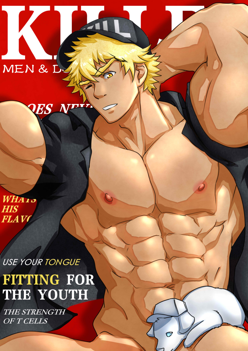 1boy abs absurdres arm_behind_head bara bare_pecs baseball_cap biceps black_shirt blonde_hair english_text hat hataraku_saibou highres huzee_tiger killer_t_(hataraku_saibou) male_focus military military_uniform muscular muscular_male naked_shirt navel nipples one_eye_closed pectorals shirt short_hair short_sleeves solo stomach uniform upper_body yellow_eyes