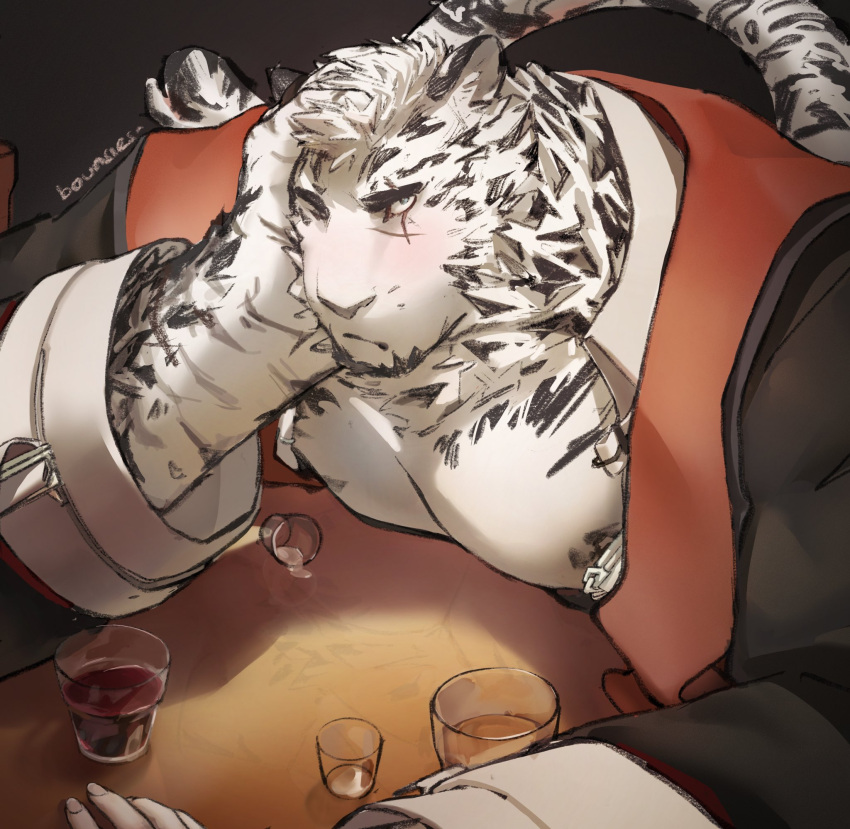 1boy abs animal_ears arknights bara bare_pecs blush bounsies cup drinking_glass elbow_rest furry highres jacket looking_at_viewer male_focus mountain_(arknights) muscular muscular_male nipples official_alternate_costume one_eye_closed open_clothes open_jacket open_shirt pectorals scar scar_across_eye short_hair solo tiger_boy tiger_ears tiger_stripes white_fur