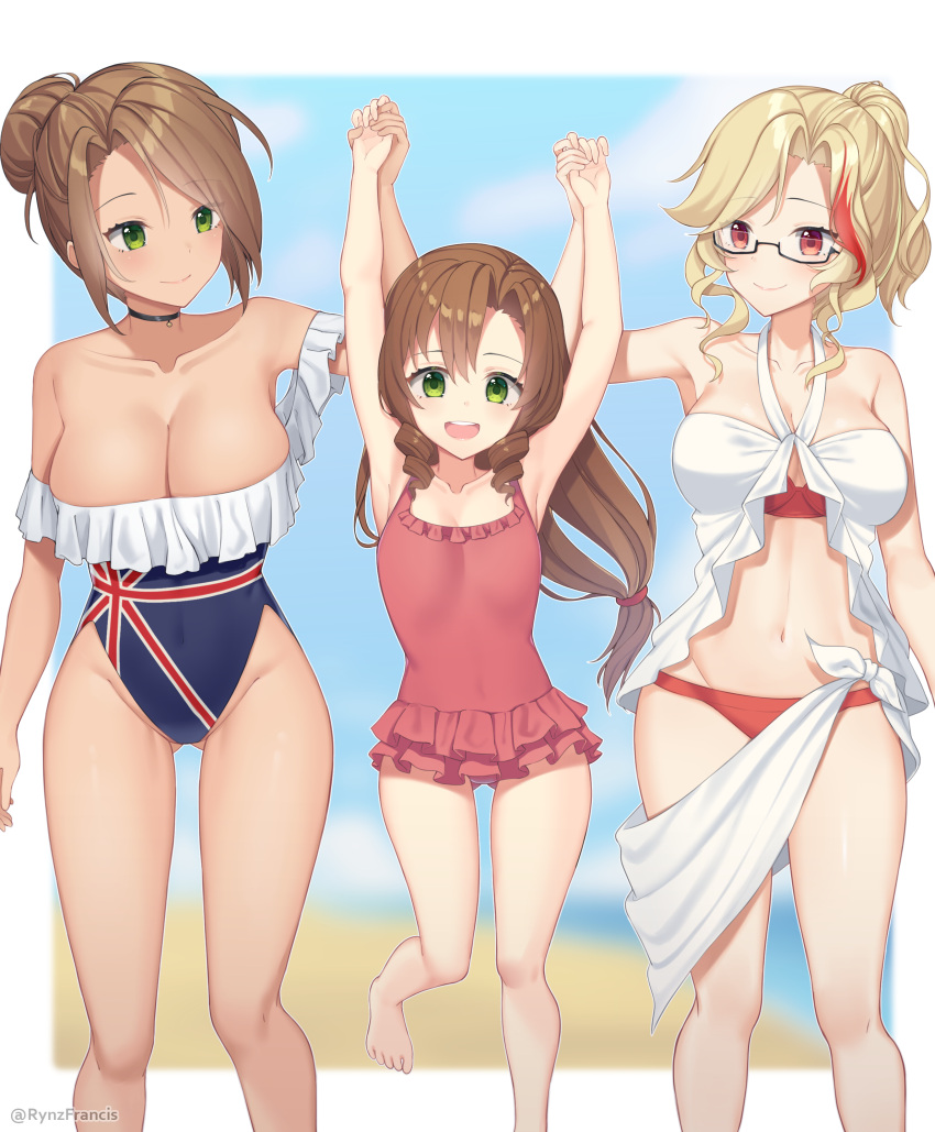 3girls absurdres armpits ass_visible_through_thighs bangs bare_legs barefoot beach bikini blonde_hair blurry blurry_background breasts brown_hair choker cleavage closed_mouth collarbone covered_navel cropped_background drill_hair eyebrows_visible_through_hair feet_out_of_frame female_commander_(girls_frontline) fn-49_(girls_frontline) girls_frontline glasses green_eyes hair_bun halter_top halterneck height_difference highleg highleg_swimsuit highres large_breasts layered_bikini lee-enfield_(girls_frontline) lifting_person linea_alba long_hair looking_at_another looking_at_viewer low-tied_long_hair multicolored_hair multiple_girls navel ocean one-piece_swimsuit open_mouth parted_bangs pendant_choker red_eyes rynzfrancis semi-rimless_eyewear sky small_breasts smile strapless strapless_swimsuit streaked_hair swimsuit swimwear tareme thighs tubetop twin_drills twitter_username union_jack upper_teeth water