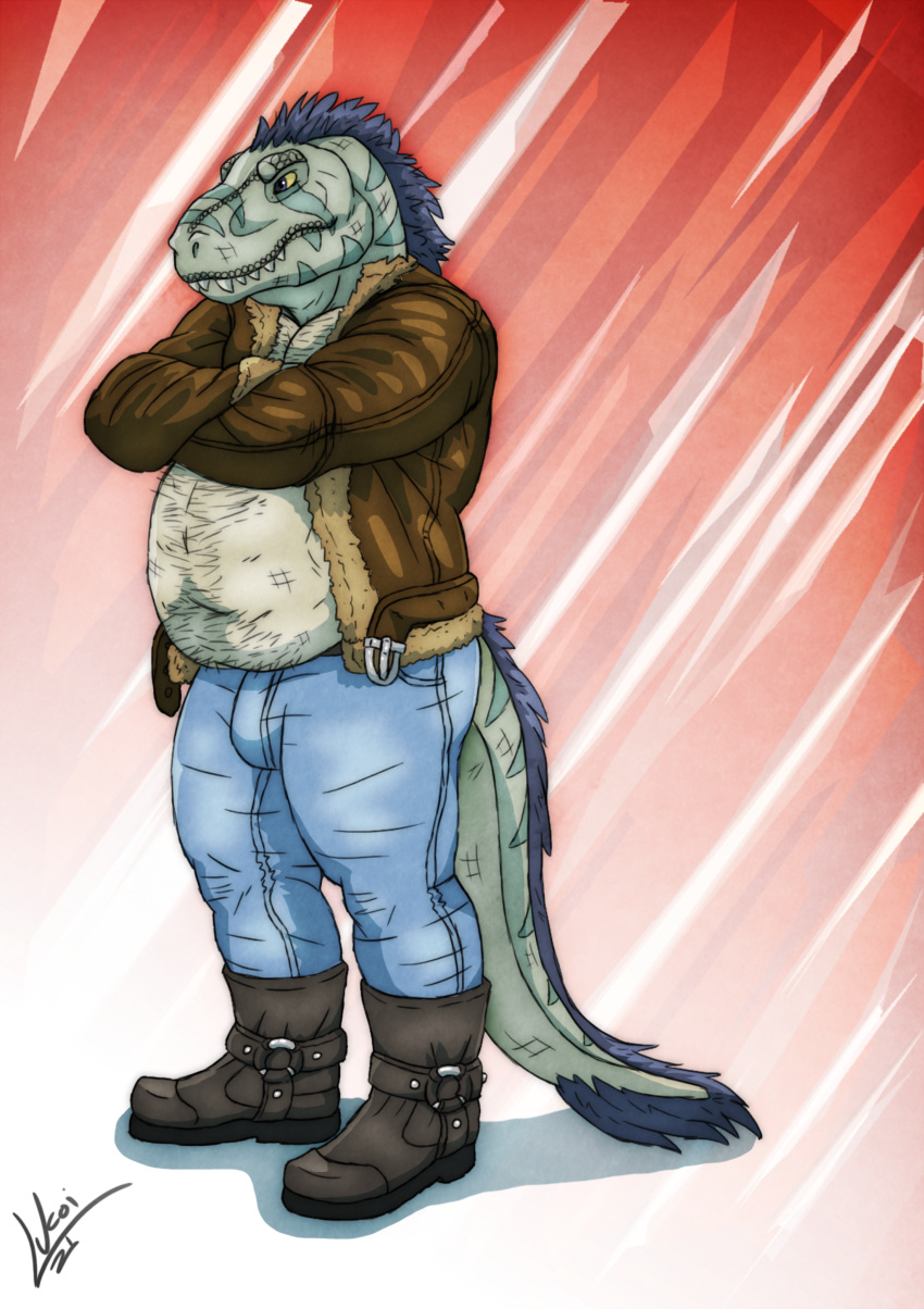 absurd_res anthro belly big_belly body_hair boots bottomwear bulge chubby_male clothed clothing daboaringdragon denim denim_clothing dinosaur footwear geist85 hair hi_res jacket jeans lukoi male male/male musclegut muscular overweight overweight_male pants reptile scalie solo theropod topwear trex tyrannosaurid tyrannosaurus tyrannosaurus_rex