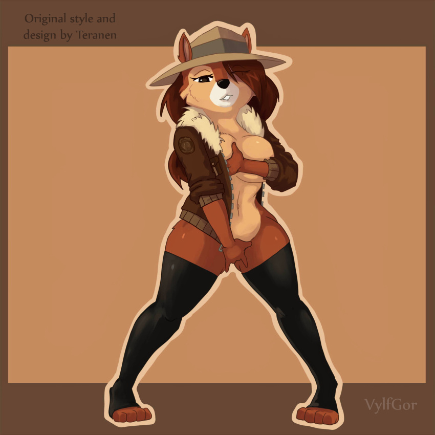 1:1 ambiguous_gender anthro breasts brown_body brown_eyes brown_fur brown_hair chip_'n_dale_rescue_rangers chip_(disney) chipmunk clothed clothing crossgender disney eyelashes female fingers fur ground_squirrel hair hair_over_eye hat headgear headwear hi_res legwear long_hair looking_at_viewer mammal one_eye_obstructed rodent sciurid simple_background solo vylfgor