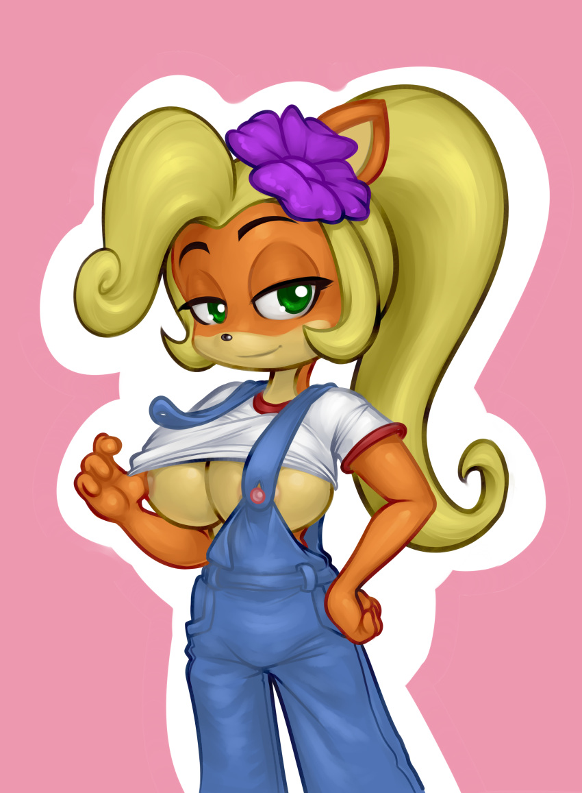 absurd_res activision anthro areola bandicoot big_breasts blonde_hair breasts clothed clothing clothing_lift coco_bandicoot crash_bandicoot_(series) female flower fur green_eyes hair hi_res lidded_eyes mammal mario-grant marsupial orange_body orange_fur overalls pink_background plant shirt shirt_lift simple_background smile solo topwear under_boob video_games