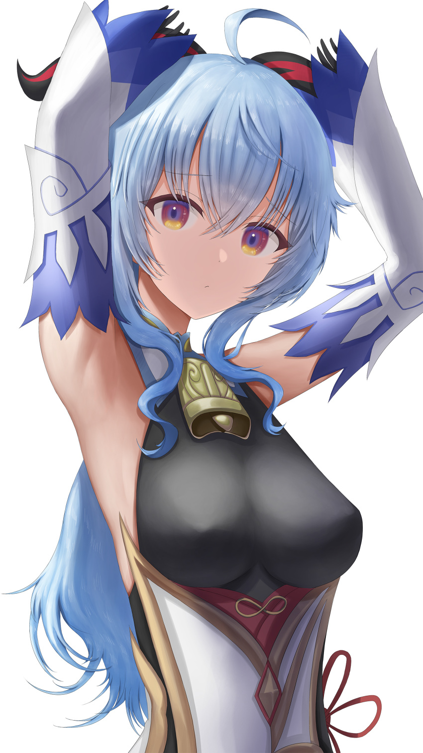 1girl absurdres ahoge armpits arms_up bell black_leotard blue_hair bodystocking bodysuit breasts chinese_knot closed_mouth cowbell detached_sleeves flower_knot ganyu_(genshin_impact) genshin_impact goat_horns hands_on_own_head highres horns leotard long_hair long_sleeves looking_at_viewer medium_breasts nana_(nana17112018) purple_eyes sidelocks solo upper_body white_background