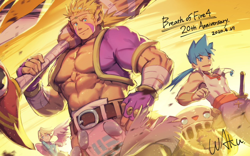 1girl 2boys abs anniversary bara bare_pecs blue_eyes blue_hair breath_of_fire breath_of_fire_iv closed_mouth copyright_name cowboy_shot cray_(breath_of_fire) cropped_jacket dated ershin feathered_wings fingerless_gloves gloves jacket looking_at_viewer male_focus multiple_boys muscular muscular_male nina_(breath_of_fire_iv) open_mouth over_shoulder pectorals pelvic_curtain ponytail purple_gloves purple_jacket robot ryuu_(breath_of_fire_iv) short_hair signature smile stomach waku_(ayamix) weapon weapon_over_shoulder wind wind_lift wings