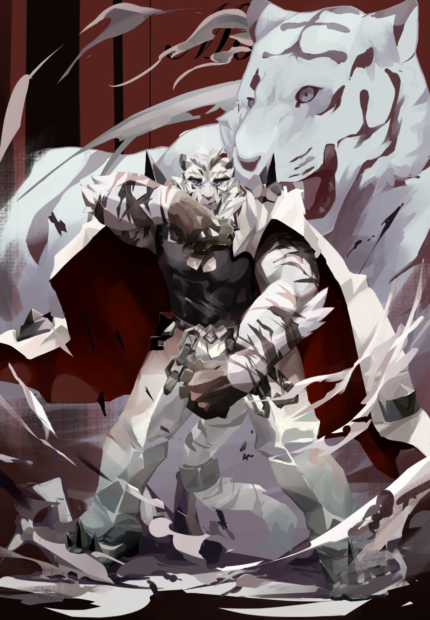 1boy animal_ears arknights bara black_tank_top chain_necklace dust dust_particles facial_hair fighting_stance full_body furry highres male_focus mountain_(arknights) muscular muscular_male nakan pants pectorals scar scar_across_eye short_hair sideburns solo stubble tank_top tiger_boy tiger_ears tiger_stripes white_fur white_pants wiping_face