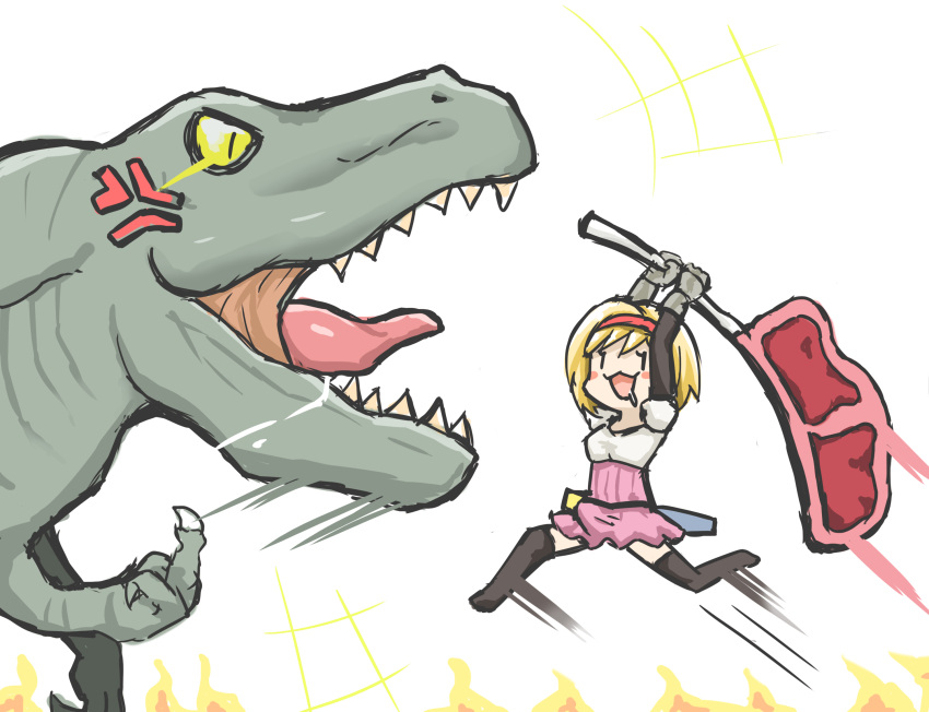 1girl anger_vein axe black_legwear blonde_hair blush_stickers djeeta_(granblue_fantasy) erection food granblue_fantasy greenteaneko hairband highres meat middle_finger open_mouth saliva sharp_teeth short_hair skirt smile teeth thighhighs tyrannosaurus_rex |_|