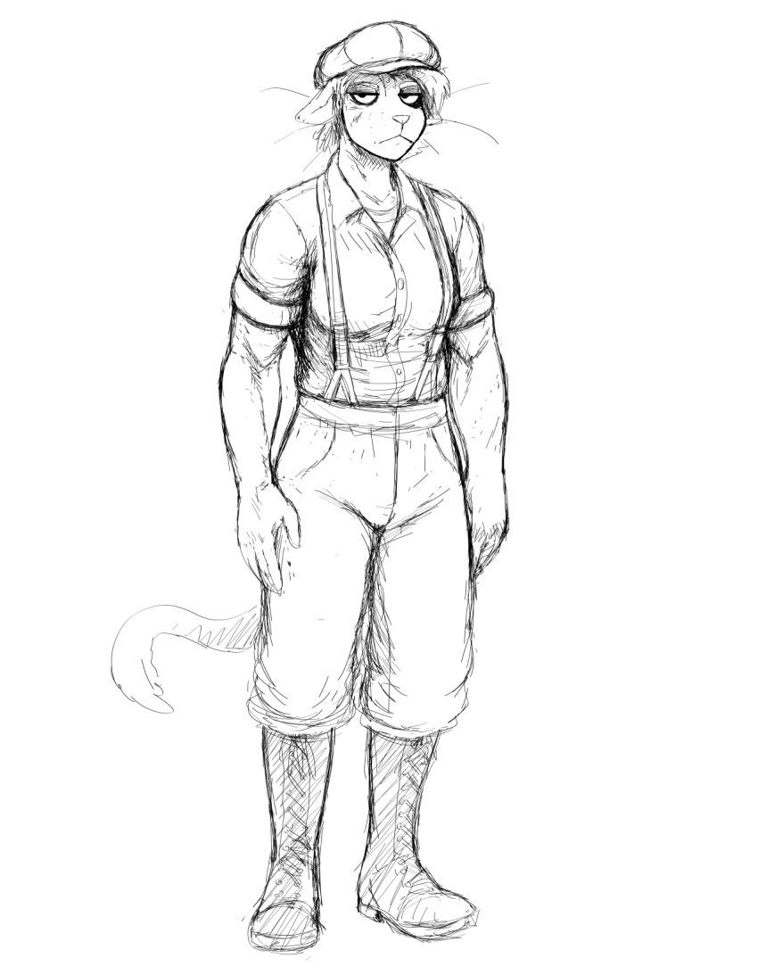 2021 anthro boots cat_knight clothing domestic_cat felid feline felis female footwear hat headgear headwear hi_res hladilnik mammal monochrome sketch solo standing suspenders