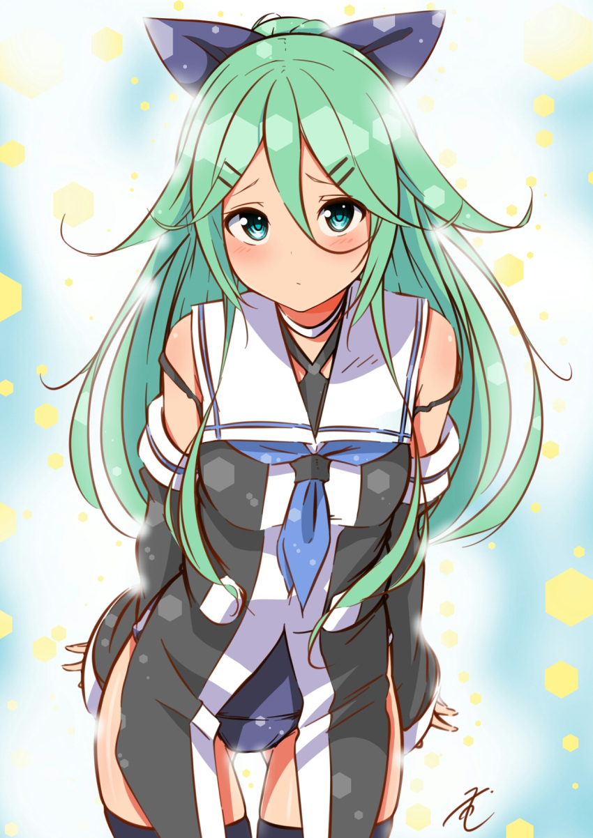 1girl black_legwear black_ribbon black_serafuku blue_background blue_neckwear blue_swimsuit bow breasts choker closed_mouth detached_sleeves green_eyes green_hair hair_between_eyes hair_bow hair_ornament hairclip highres kantai_collection leaning_forward long_hair neckerchief ribbon sailor_collar school_swimsuit school_uniform serafuku shinomu_(cinomoon) small_breasts solo sparkle_background swimsuit swimsuit_under_clothes thighhighs white_sailor_collar yamakaze_(kantai_collection)