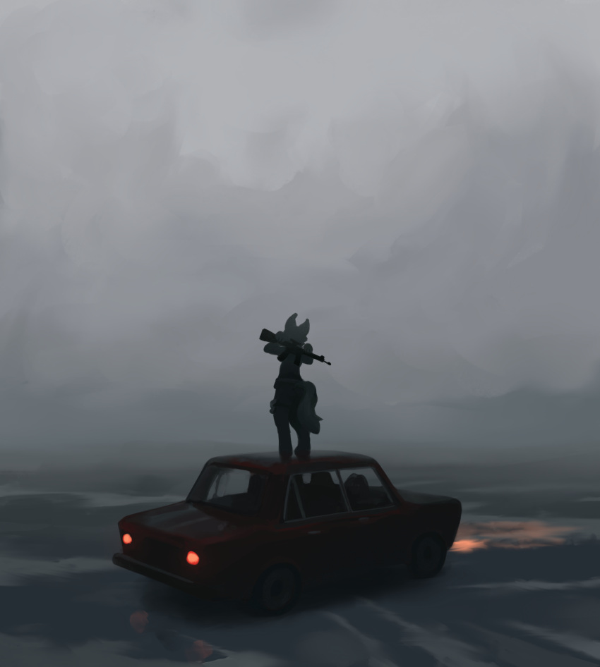 ambiguous_gender anthro canid car detailed_background fog gun hi_res lada mammal nule ranged_weapon rear_view rifle solo standing vehicle weapon