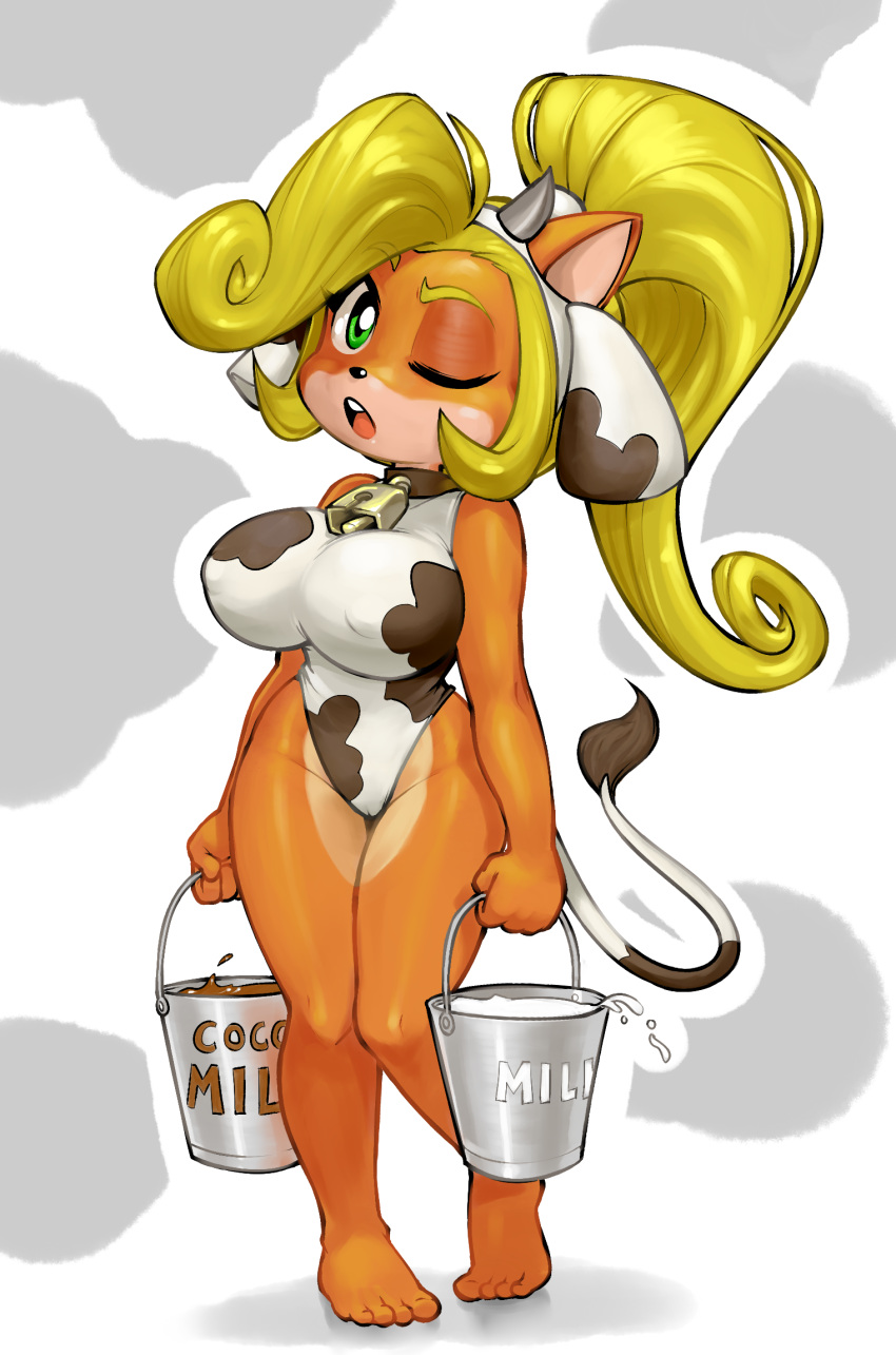 activision animal_print anthro bandicoot barefoot big_breasts blonde_hair breasts bucket candy chocolate chocolate_milk clothing coco_bandicoot costume cow_costume cow_print cowbell crash_bandicoot_(series) dessert female flavored_milk food fur green_eyes hair hi_res leotard mammal mario-grant marsupial milk nipple_outline one_eye_closed open_mouth orange_body orange_fur pigeon_toed solo video_games wide_hips