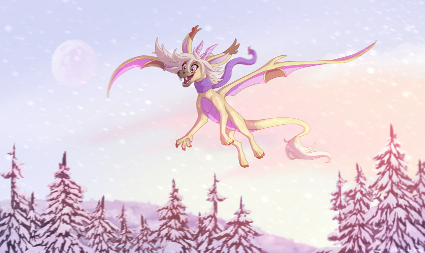 2021 day detailed_background digital_media_(artwork) dragon eyebrows eyelashes female feral flying hi_res horn icelectricspyro membrane_(anatomy) membranous_wings open_mouth outside sky smile snow snowing solo teeth tongue wings
