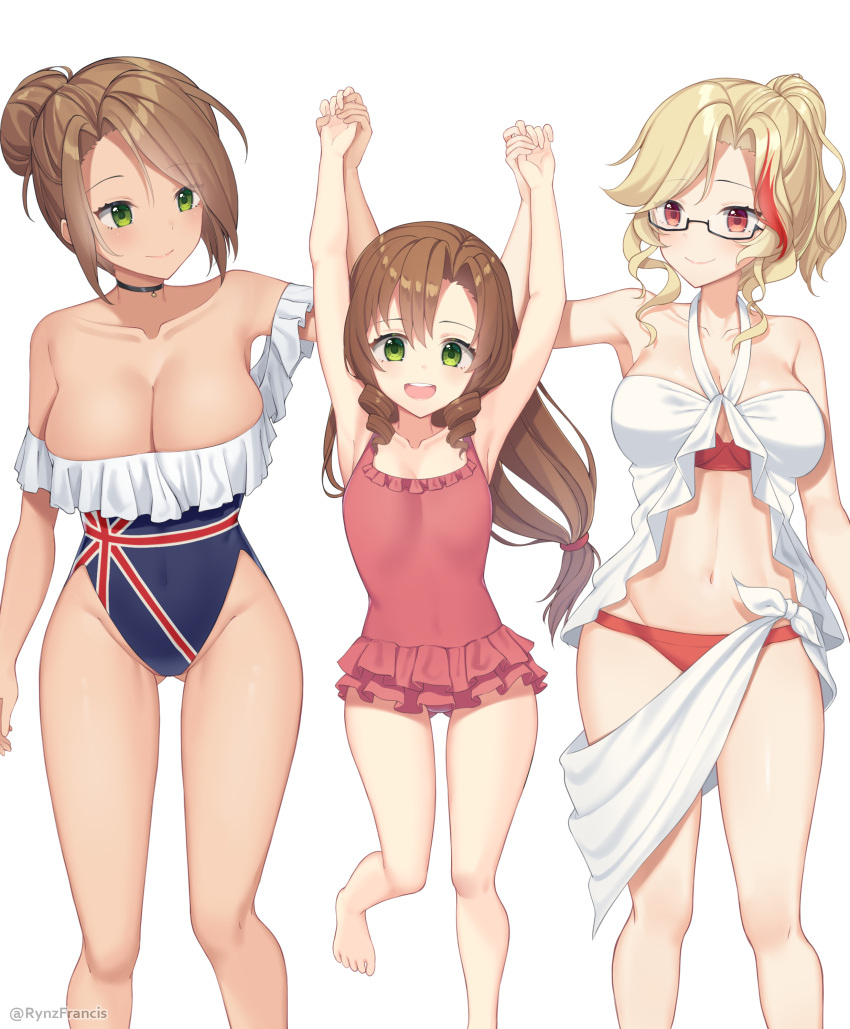 3girls absurdres armpits ass_visible_through_thighs bangs bare_legs barefoot bikini blonde_hair breasts brown_hair choker cleavage closed_mouth collarbone covered_navel drill_hair eyebrows_visible_through_hair feet_out_of_frame female_commander_(girls_frontline) fn-49_(girls_frontline) girls_frontline glasses green_eyes hair_bun halter_top halterneck height_difference highleg highleg_swimsuit highres large_breasts layered_bikini lee-enfield_(girls_frontline) lifting_person linea_alba long_hair looking_at_another looking_at_viewer low-tied_long_hair multicolored_hair multiple_girls navel one-piece_swimsuit open_mouth parted_bangs pendant_choker red_eyes rynzfrancis semi-rimless_eyewear small_breasts smile strapless strapless_swimsuit streaked_hair swimsuit swimwear tareme thighs tubetop twin_drills twitter_username union_jack upper_teeth