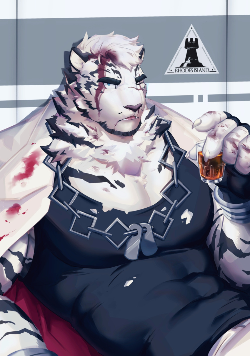 1boy animal_ears arknights bara black_tank_top blood blood_on_face bloody_clothes chain_necklace covered_abs cup dog_tags drinking_glass furry highres kou_(ixkouu) male_focus mountain_(arknights) muscular muscular_male pants pectorals scar scar_across_eye shirt short_hair solo tank_top tiger_boy tiger_ears tiger_stripes torn_clothes torn_shirt upper_body white_fur white_pants wine_glass