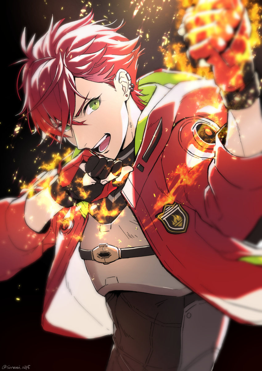 1boy artist_name black_gloves chest_guard chest_strap clenched_hands commentary_request ear_piercing earrings embers fingerless_gloves fire gloves green_eyes hands_up helios_rising_heroes highres hood hood_down hooded_jacket jacket jewelry male_focus open_mouth otori_akira piercing pyrokinesis red_gloves red_hair red_jacket short_hair sideways_glance signature sleeves_past_elbows solo sonomi upper_body