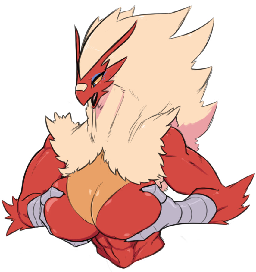 abs anthro avian blaziken blue_eyes breasts feathers female holding_breast negsus nintendo open_mouth pok&eacute;mon pok&eacute;mon_(species) red_body red_feathers simple_background solo talons video_games white_background yellow_sclera