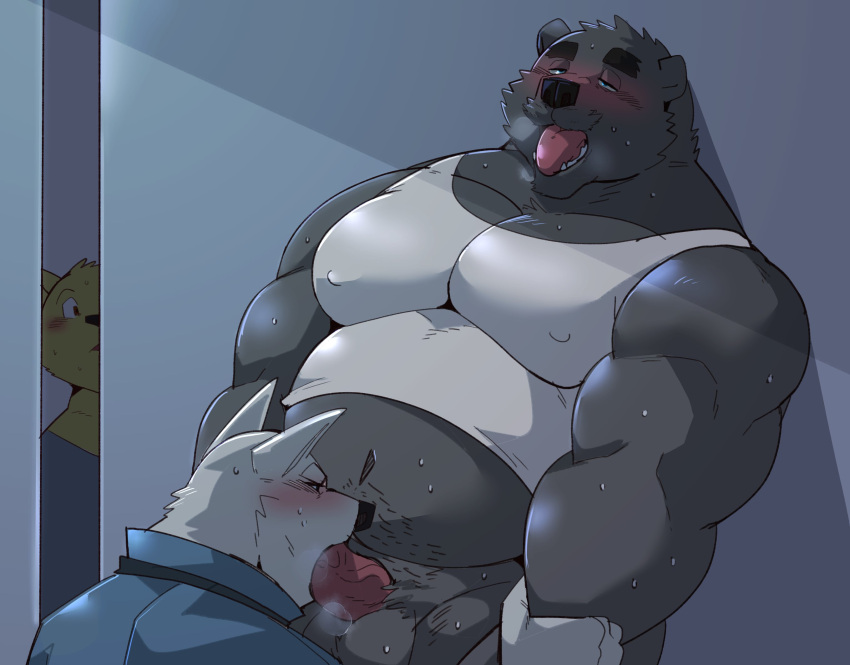 2021 anthro balls black_body black_fur blush canid canine canis clothing domestic_dog erection fur genitals group hi_res hugo_(jumperbear) jumperbear kemono male male/male mammal musclegut oral overweight overweight_male penis sex shirt tongue tongue_out topwear ursid