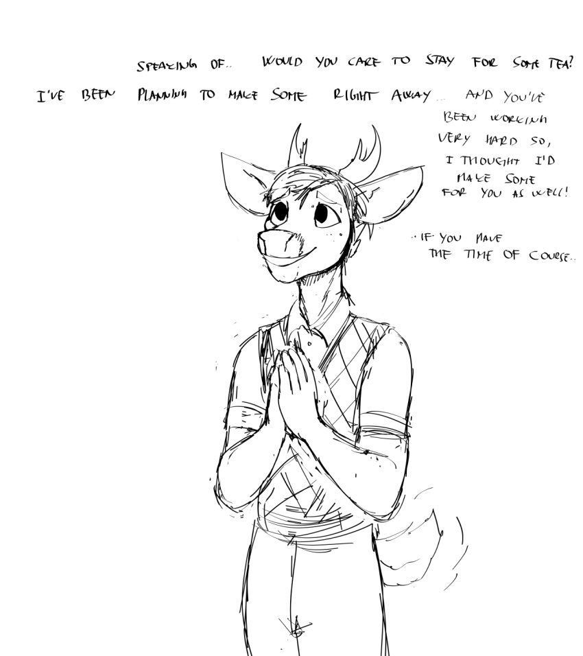 2021 anthro antlers cat_knight cervid clothing comic deer_prince domestic_cat duo english_text felid feline felis female hi_res hladilnik horn male mammal monochrome sweater sweater_vest tailwag text topwear vest