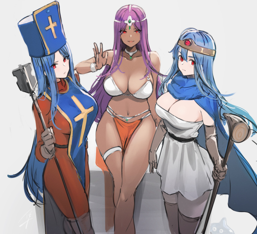 3girls :d blue_cape blue_hair blue_headwear bodysuit breasts brown_legwear cape circlet cleavage closed_mouth collar dark_skin dark_skinned_female dragon_quest dragon_quest_iii dragon_quest_iv dress elbow_gloves gloves grey_gloves hand_up hat hayabusa highres holding holding_staff large_breasts latin_cross long_hair looking_at_viewer manya multiple_girls navel open_mouth orange_bodysuit pelvic_curtain priest_(dq3) purple_hair red_eyes sage_(dq3) sash simple_background slime_(creature) slime_(dragon_quest) smile staff strapless strapless_dress tabard thighhighs white_background white_dress wristband