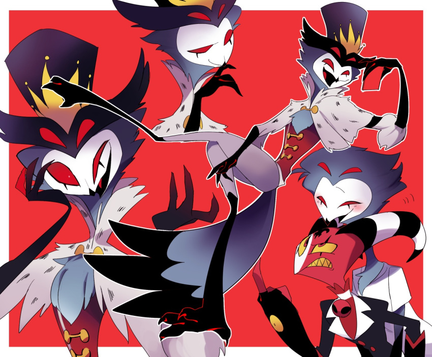 4_eyes anthro avian bird blitzo_(vivzmind) border clothed clothing demon duo feathers gesture hat headgear headwear helluva_boss imp male male/male middle_finger multi_eye owl red_background red_eyes simple_background solo stolas_(vivzmind) tail_feathers white_border