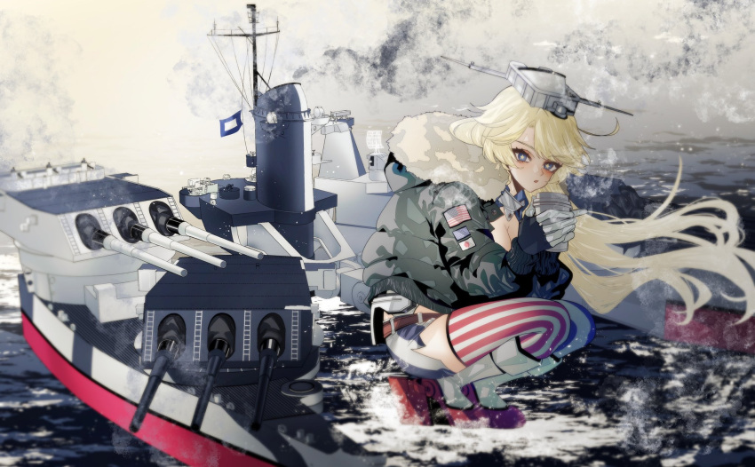 1girl :o american_flag_legwear anno88888 bangs belt blonde_hair blue_eyes blush breasts cleavage cup disposable_cup eyebrows_visible_through_hair fur-trimmed_jacket fur_trim gloves headgear highres holding holding_cup iowa_(kantai_collection) jacket kantai_collection long_hair long_sleeves open_mouth outdoors rigging rudder_footwear skirt smoke solo squatting star-shaped_pupils star_(symbol) steam symbol-shaped_pupils thighhighs water yellow_pupils