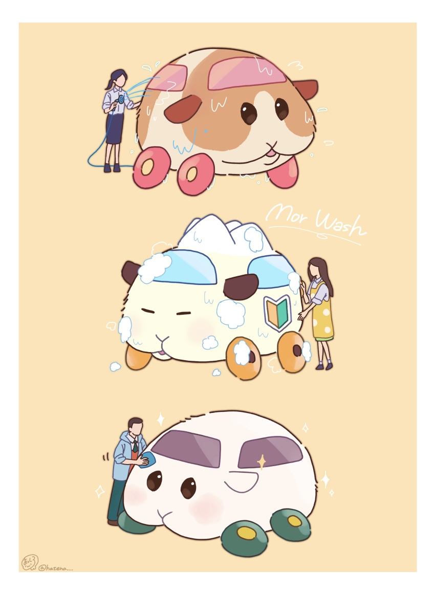 1boy 2girls abby_(pui_pui_molcar) absurdres artist_name car_wash closed_eyes commentary_request faceless faceless_female faceless_male ground_vehicle guinea_pig highres hose masshirokachi motor_vehicle multiple_girls potato_(pui_pui_molcar) pui_pui_molcar shiromo_(pui_pui_molcar) shoshinsha_mark signature simple_background soap_bubbles sparkle wash washing wheel yellow_background