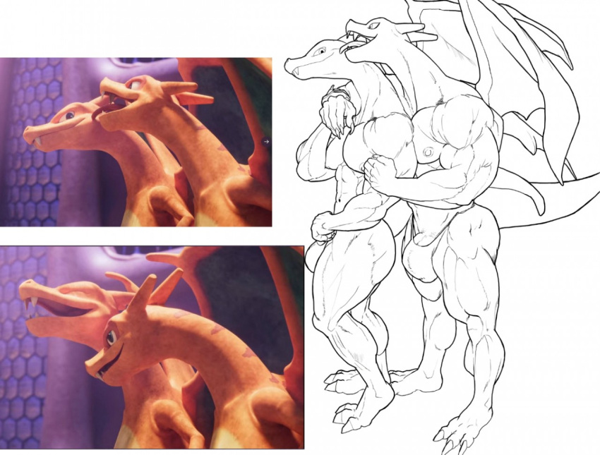 anthro athletic athletic_anthro athletic_male biceps bikini_thong charizard clothing deadlyswallows duo kissing licking love male male/male muscular nintendo nipples pecs pok&eacute;mon pok&eacute;mon_(species) swimwear thong tongue tongue_out triceps underwear video_games