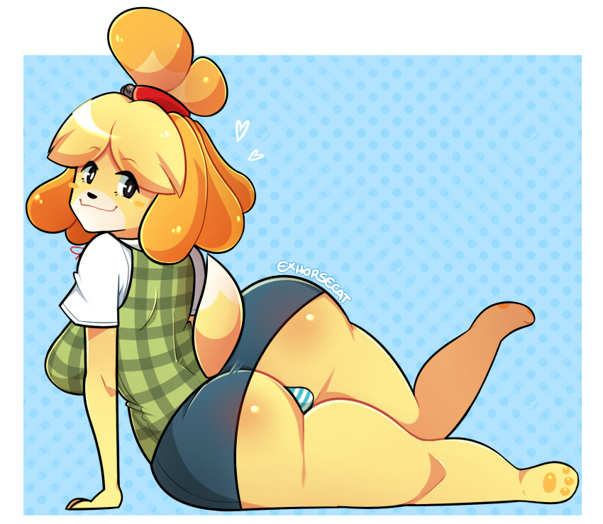 &lt;3 animal_crossing anthro bottomwear breasts butt canid canine canis clothed clothing crossing domestic_dog female flushed full-length_portrait gaming hi_res horsecat isabelle isabellefanart mammal nintendo nintendoswitch paws pinup portrait pose raised_bottomwear raised_clothing raised_skirt rear_view skirt slightly_chubby smugface solo video_games