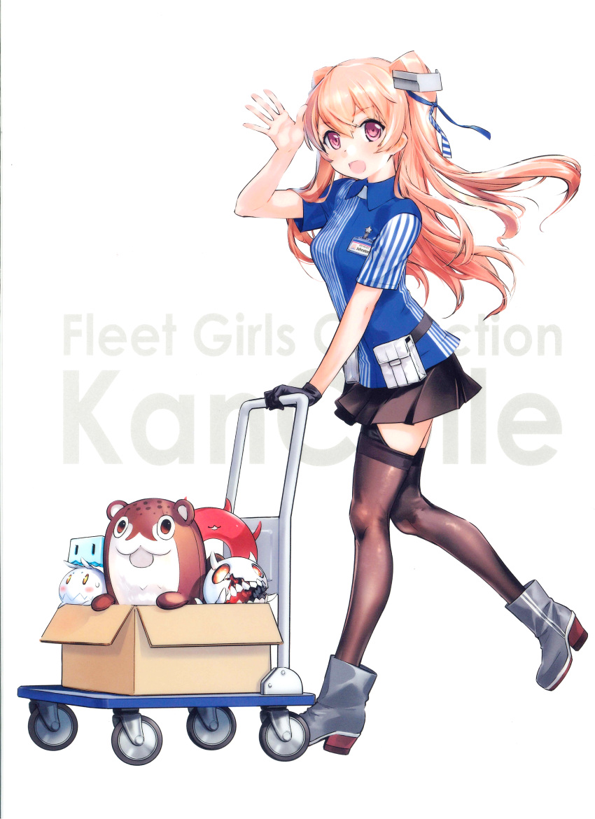 1girl absurdres artist_self-insert black_gloves blue_ribbon bokukawauso box breasts brown_eyes cart employee_uniform enemy_aircraft_(kantai_collection) enemy_lifebuoy_(kantai_collection) full_body gloves hair_ribbon highres janitorial_cart jiji johnston_(kantai_collection) kantai_collection lawson light_brown_hair long_hair medium_breasts name_tag official_art open_hand open_mouth purple_eyes ribbon scan scan_artifacts shirt single_glove smile store_clerk striped striped_shirt thighhighs third-party_source two_side_up uniform vertical-striped_shirt vertical_stripes white_background zeco zettai_ryouiki