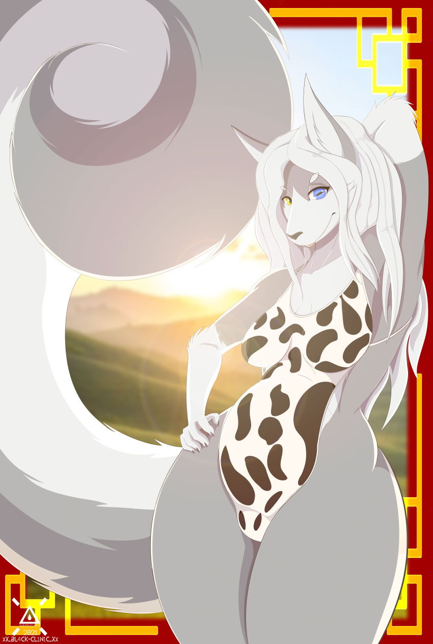 2021 absurd_res animal_print anthro better_version_at_source bl4ck-cl1n1c bovid breasts butt canid canine canis clothed clothing cow_print cow_suit digital_drawing_(artwork) digital_media_(artwork) felid female fur hair hi_res hybrid light looking_at_viewer mammal overweight overweight_anthro overweight_female portrait shaded signature simple_background smile solo sunlight sunset text thick_thighs url watermark wavy_hair wolf zeltha