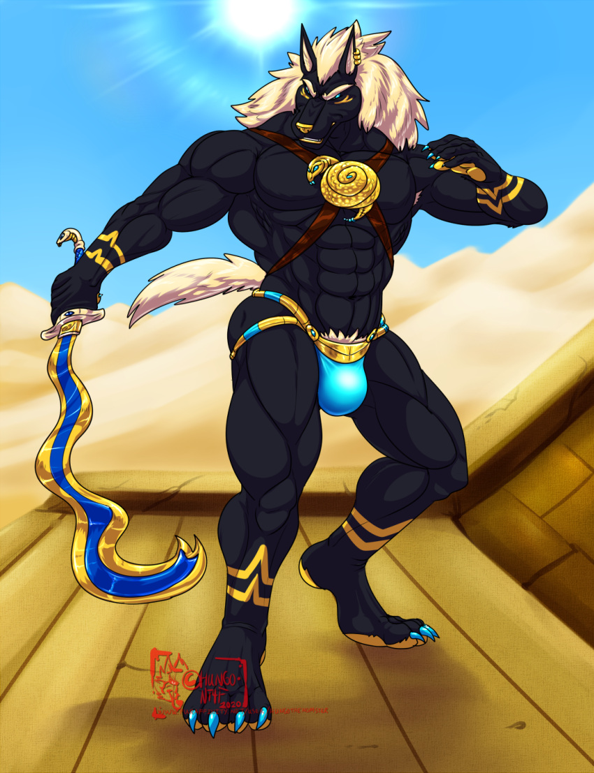 4_toes 5_fingers abs action_pose anthro anubian_jackal biceps biped black_body black_fur blonde_hair blue_claws blue_eyes bottomwear bulge canid canine canis claws clothed clothing day desert detailed_background ear_piercing ear_ring eye_markings feet finger_claws fingers front_view fur gold_markings hair hi_res holding_object holding_sword holding_weapon humanoid_hands hungothenomster jackal loincloth long_hair male mammal markings melee_weapon midriff monotone_hair muscular muscular_anthro muscular_male outside pawpads pecs piercing pose pubes quads sand skimpy snout solo standing sun sword tan_body tan_fur tan_inner_ear toe_claws toes weapon yellow_markings yellow_nose yellow_pawpads