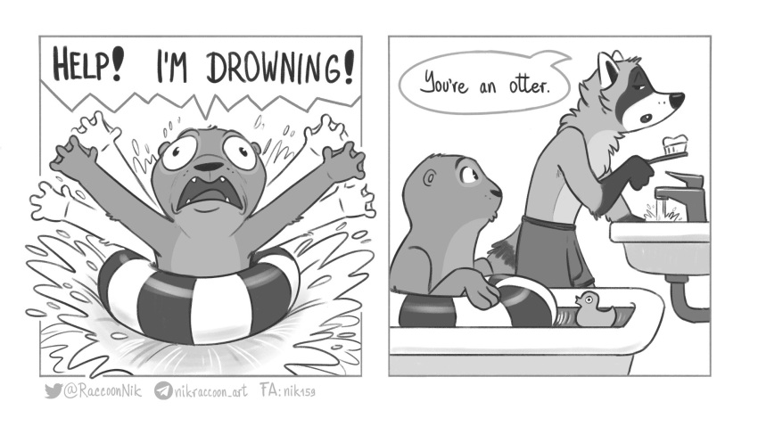 16:9 2021 3_fingers anthro bathing bathroom bathtub brush clothed clothing comic dialogue digital_drawing_(artwork) digital_media_(artwork) duo english_text felix_(nik159) fingers floatation_device greyscale hi_res humor lutrine male mammal membrane_(anatomy) monochrome multiple_scenes mustelid nik159 nik_(nik159) open_mouth partially_submerged procyonid raccoon rubber_duck simple_background sink splash standing text toothbrush underwear url water webbed_hands white_background widescreen yelling
