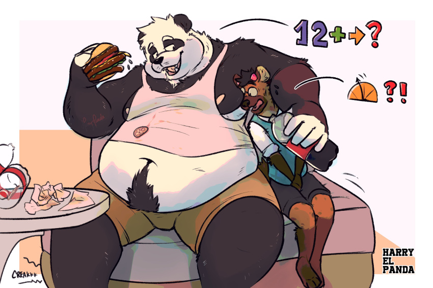 2021 3:2 anthro belly black_body black_fur black_nose bottomwear burger clothing duo eating food fur giant_panda harryelpanda hi_res hug hyaenid male mammal navel obese obese_male overweight overweight_male shirt shorts sitting spotted_hyena text topwear ursid white_body white_fur