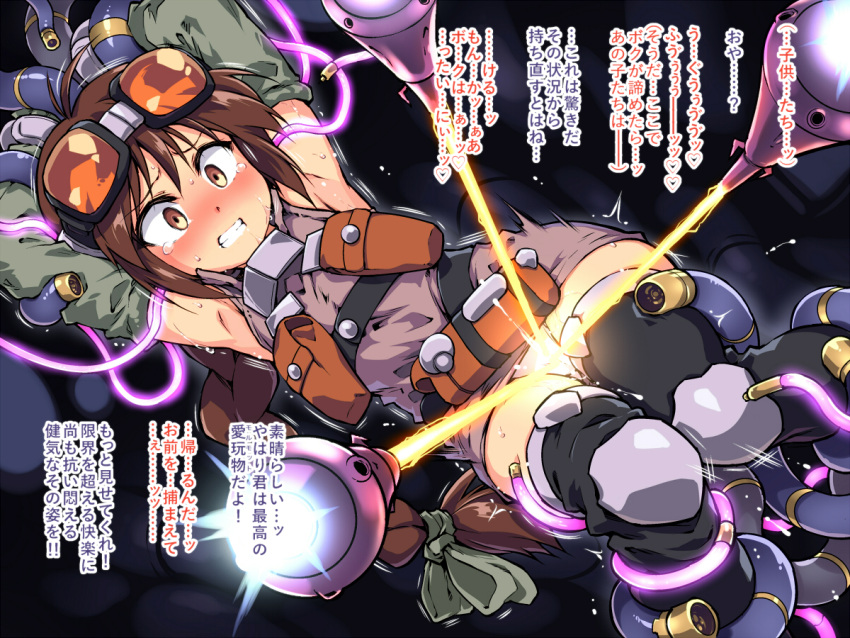 1girl beam borrowed_character braid brown_eyes brown_hair cable commentary commentary_request firing funnels glowing goggles goggles_on_head laser laser_beam long_braid panties restrained sex_machine stationary_restraints sweat tears tomoshibi_hidekazu trembling underwear wide-eyed