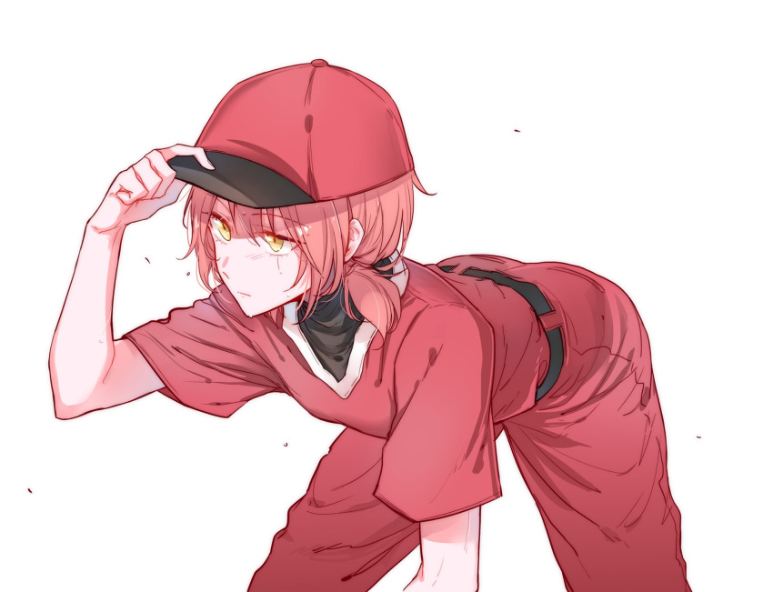 1girl baseball_cap baseball_uniform closed_mouth commentary expressionless eyebrows_visible_through_hair feet_out_of_frame hand_on_headwear hat highres jersey koito_yuu leaning_forward pants red_hair red_headwear red_pants red_shirt shirt short_sleeves short_twintails simple_background solo sportswear spotlight_l sweat twintails white_background yagate_kimi_ni_naru yellow_eyes
