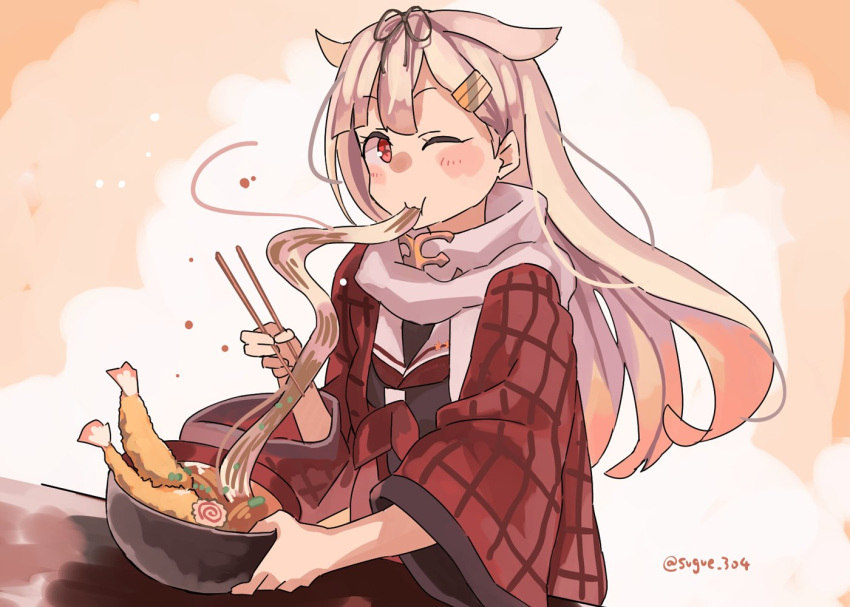 1girl bangs blonde_hair blush bowl chopsticks eating food hair_flaps hair_ornament hair_ribbon hairclip holding holding_bowl holding_chopsticks kantai_collection long_hair long_sleeves noodles one_eye_closed red_eyes red_neckwear remodel_(kantai_collection) ribbon sailor_collar scarf school_uniform serafuku simple_background solo sugue_tettou twitter_username white_scarf yuudachi_(kantai_collection)